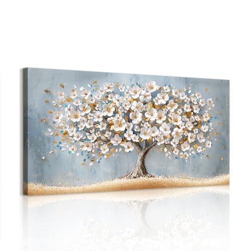 WENGTIAO Stampa su Tela Floreale Albero Della Vita Incorniciato Grande Quadro su Tela Estetica Oro Bianco Fiore Albero Pittura Quadri Moderni Soggiorno Camera da Letto Casa Decorativo Parete 100x50 cm