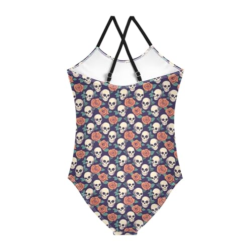 senya Girls Swimsuits One-Piece Swimwear Tie Bathing Suit Beach Summer Round Neck 5-6T Skull Red Rose Pattern2