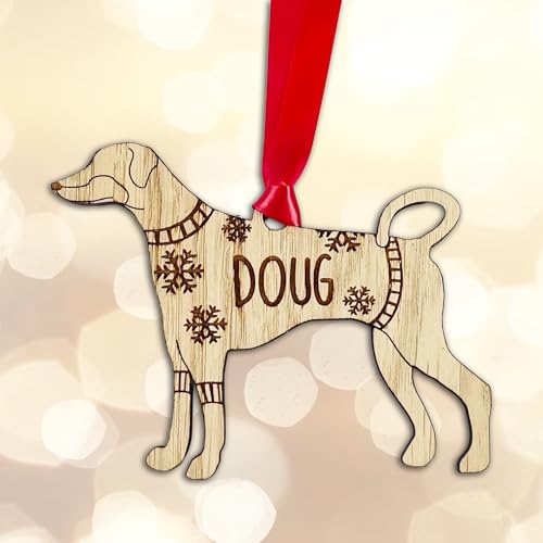 Personalised Doberman Dog Christmas Tree Bauble Decoration, Wearing a Dog Jumper Design with Snowflakes, Customised Puppy Hanging Ornament, Oak Veneer Wood with Red Ribbon