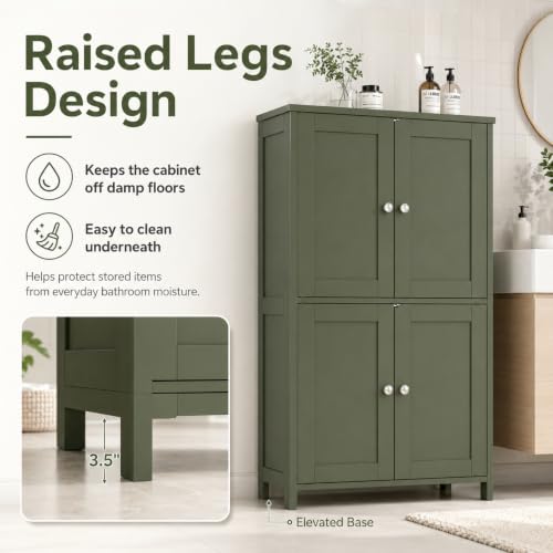 Image of Vongrasig 42.6 inch Bathroom Storage Cabinet, Modern Floor Cabinet with Doors and Adjustable Shelves, Freestanding Accent Organizer Cupboard for Living Room, Entryway, Kitchen, Green