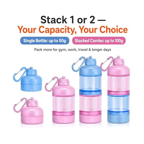 2 Pack Large Capacity Protein Powder Container to Go, 50g/100g Stackable Powder Holder with Keychain, Travel Funnel Bottle for Shaker Bottle, Sky Blue & Sakura Pink - Image 3