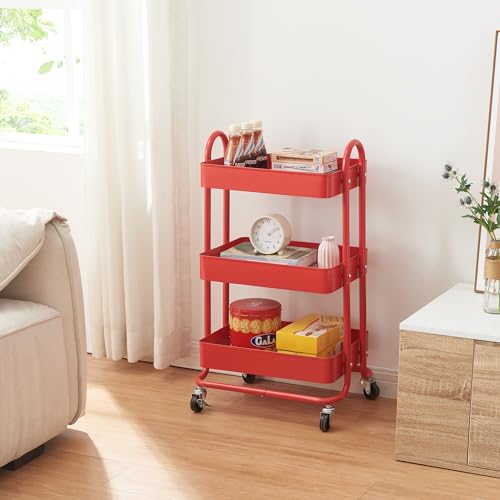 [en.casa] Chariot de Service Polyvalent Desserte Cuisine Salon Salle de Bains 3 Paniers Étagère de 3 Surfaces Meuble de Rangement Acier 79 x 46 x 35 cm Rouge