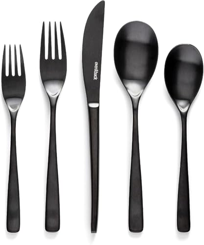 over&back 20pc Curved Flatware Cutlery Set - Comes with 4 Dinner Forks, 4 Salad Forks, 4 Dinner Knives, 4 Dinner Spoons, and 4 Teaspoons - 18/8 Stainless Steel - Dishwasher-Safe - Matte Black