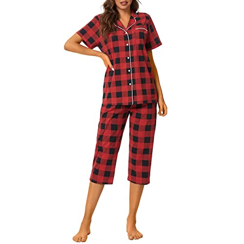 Image of Tugege Capri Pajamas Set Womens Button Down Short Sleeve Lounge Sets Sleepwear Notch Collar Top & Capri 2 Piece PJ Sets