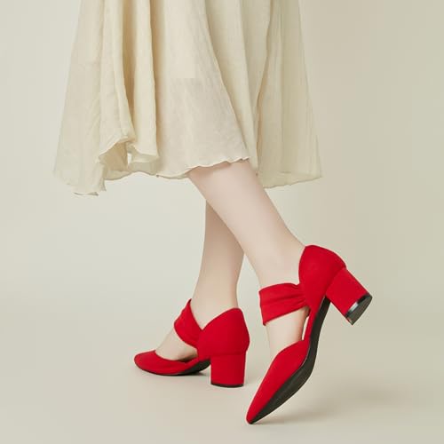 Women's Pumps Closed Toe Low Chunky Heels Dress Shoes for Women Comfortable Dressy Party Wedding Bridal Shoes Red Size 8 Wide Width3