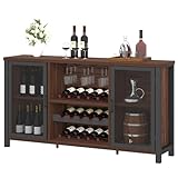 IBF Walnut Wine Bar, Metal Wood Sideboard Buffet with Storage Rack, Liquor Bar for Home Kitchen Dining Room Living Room, 55 Inch