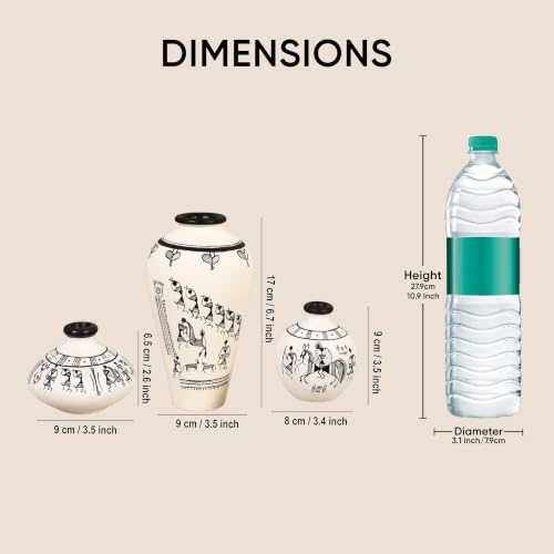 Image of Aakriti Art Creations Tribal Tales Terracotta Vase Set of 3 | Hand-Painted Warli Art White Flower Vases | Matte Finish Decorative Vases for Living Room, Table Decor & Gifting