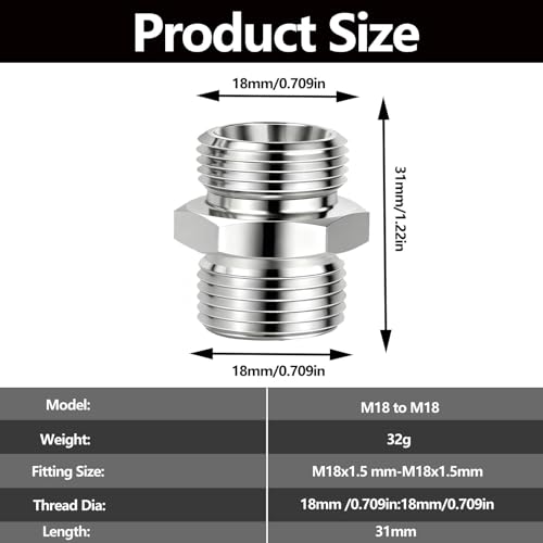 Image of 2 Pcs M18 to M18 stainless steel adapter fittings, suitable for small excavators, for connector conversion, diameter reduction or expansion, and full-bore straight pipe connector connections.