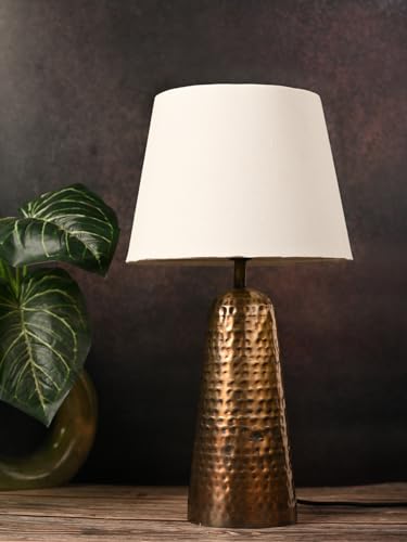 Image of Green Girgit Golden Hammered V-Shaped Lamp with Taper Solid White Shade | Galvanized Iron Bedside Metal Handcrafted Night & Reading Lamp | Home & Living Room Decor Item