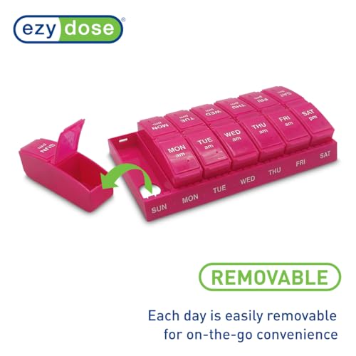 Image of EZY DOSE Weekly, AM /PM Daily Pill Organizer, 7-Day Medicine Planner, Vitamin Container, Small Pop-Out Compartments, 2 Times a Day Pill Holder, Pink, Travel-Friendly, BPA Free