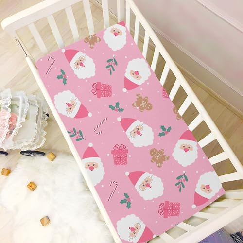 Image of Christmas Santa Cute Pink Crib Sheets Soft Breathable Fitted Baby Crib Sheets Mattress Cover for Girl Boys, 52 inch x 28 inch x 9 inch