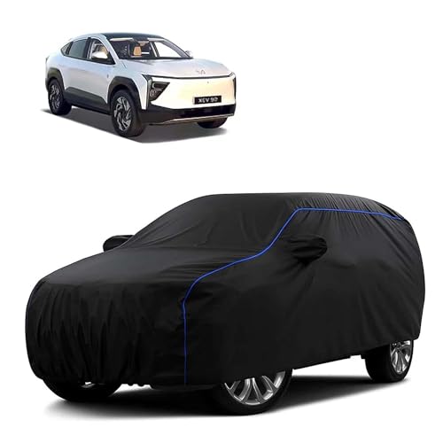 Image of Sulfar 100% Water Resistant Car Body Cover Compatible with Mirror for Mahindra XEV 9e (Triple Stitched, Full Bottom Elastic, Black Tafetta with Blue Piping)
