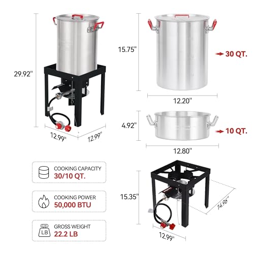 Image of Creole Feast TFP1030 30 Qt. Turkey Fryer and 10 Qt. Fish Fryer Kit with 50,000 BTUs Propane Burner, Outdoor Deep Fryer & Seafood Boiler Steamer for Outdoor Cooking, Silver & Black