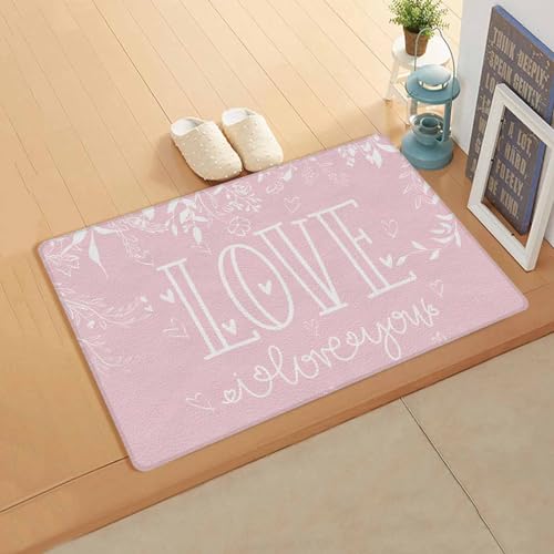 Valentine's Kitchen Bath Door Mat Cushioned Runner Rug,Washable Welcome Floor Sink Antifatigue Mat,Waterproof & Non-Slip Comfort Standing Doormat,Spring Flower Leaves Pink Love Heart 18