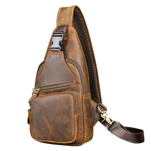 Image of NIUCUNZH Genuine Leather Sling Bag Front Metal-Latch Crossbody Bags Handmade Vintage Chest Shoulder Backpack for Women Men