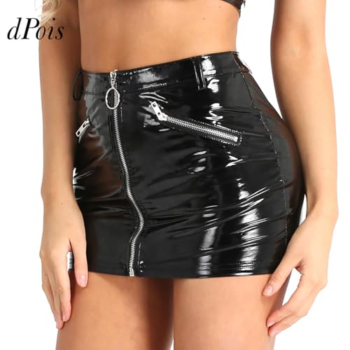 Women's PVC Leather Wet Look High Waist Zipper Front Bodycon Short Mini Skirt2