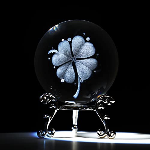 Hdcrystalgifts Crystal 2.4 Inch (60Mm) Four-Leaf Clover Crystal Ball With Sliver-Plated Flowering Stand,Fengshui Glass Ball Home Decoration #TOP4