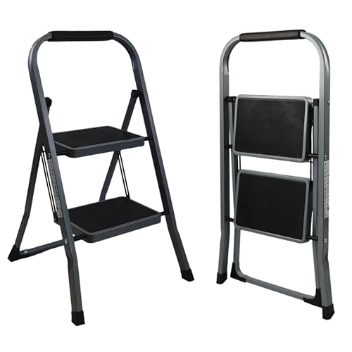 UABA Escalera Plegable de Aluminio para hogar y Cocina, 2 peldaños, Gris, peldaños Anchos Antideslizantes, asa de Agarre cómodo, EN 131