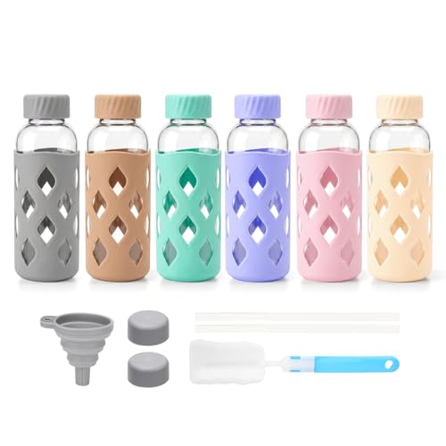 Image of Zukro 16 oz Glass Water Bottles with Protective Silicone Sleeve 6 Pack | Leak Proof Stainless Steel Lids, Non-Slip Reusable Clear Juice Bottle for Juicing, Smoothie, Dishwasher Safe, BPA Free