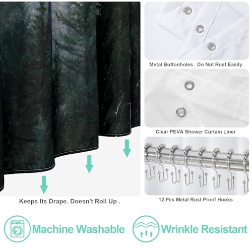 ORTIGIA 3 in 1 Waterproof Shower Curtain and Clear PEVA Liner Set with 12 Double Sided Metal Shower Curtain Hooks, Black Misty Forest Tree Soft Fabric Shower Curtain for Bathroom - 72 Wx72 L by ORTIGIA - Used condition - Image 5