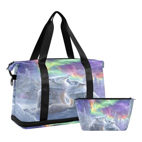 A Beautiful White Wolf and Gray Colored Fox Travel Duffel Bag Waterproof Gym Sport Tote Bag Carry On Weekender Bag with Compartment