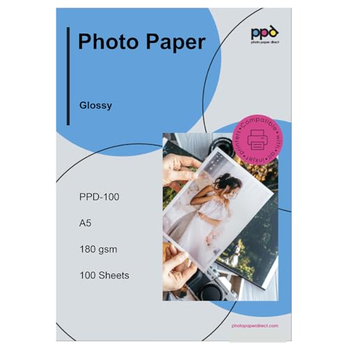 PPD Inkjet   A5 (148 x 210 mm) x 100 Hojas de Papel Fotográfico Brillante 180 g/m²   Secado Instantáneo   Para Impresoras de Inyección de Tinta   Oferta ahorro   PPD 100 100