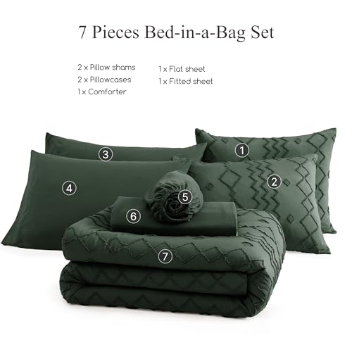 Image of AMBERSPACE Full Size Comforter Set Dark Green, Tufted Boho Bedding Farmhouse Bed Set, All Season 7 Pieces Bed in a Bag with Sheets, Pillowcases & Shams