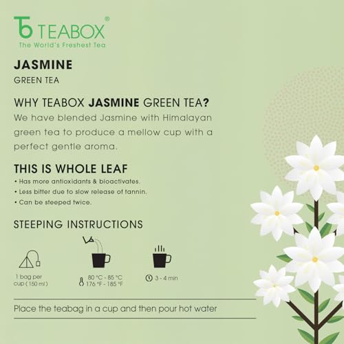 Teabox Jasmine Green Tea | 50 Pyramid Whole Leaf Teabags | Natural Jasmine Aroma | Premium Blend Sourced from Madurai