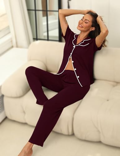Image of HNG Women Pajamas Set 2 Piece Button Up Pajamas Pant and Short Sleeve Shirt for Woman Pj Sets with Pocket