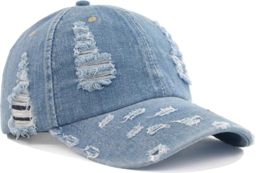 TSSGBL Fashion Cute Distressed Denim Cotton Baseball Cap Urban Punk Vintage Washed Dad Hat Adjustable Plain Low Profile Headwear Jean Ball Caps for Women Men Blue