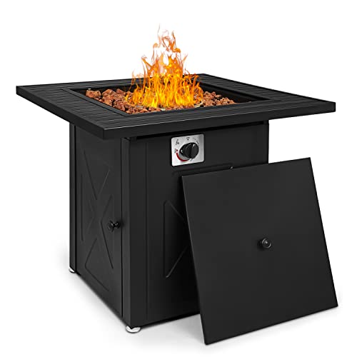 MoNiBloom 28 in Square Propane Fire Pits Table, 50000 BTU Outside Dinning Propane Outdoor Fire Pit Table Top with Lid, for Patio Deck Garden Backyard,Black