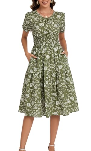 Image of Kormei Women Summer Casual Boho Floral Round Neck Short Sleeve Smocked Waist Tiered Flowy Swing Midi Dress L Floral Green