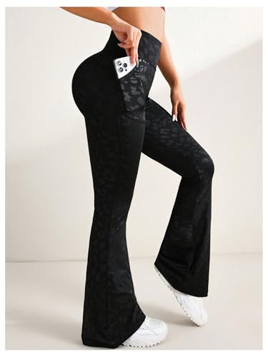 WDIRARA Women's Leopard Print Flare Yoga Pants Athletic Workout Elastic Waist Bell Bottoms Pants with Pocket4