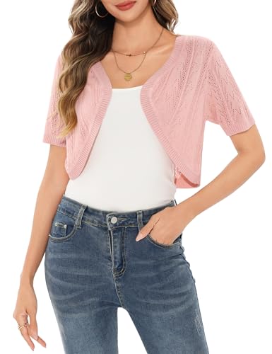 Aottori Dam bolero festlig bolerojacka långärmad elegant kofta kort kofta sommar lätt axelväska öppen front shrug för bröllop, B-rosa, S