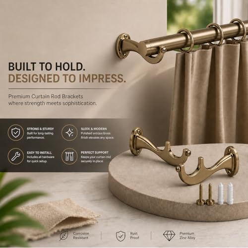 Image of Elite Aluminum Curtain Rod Brackets - Heavy-Duty Wall Mount Clamps for Curtain Rod Support for Door and Window Curtain Rods with Screw and Wall Plug - Pack of 2PCS (Royal Antique Brass)