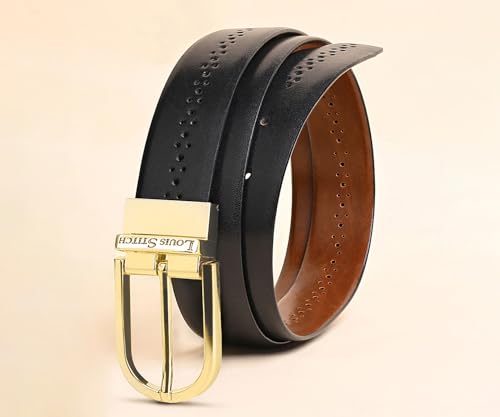 Image of LOUIS STITCH Men's Spanish Leather Reversible Belt 1.25 inch (35mm) Handcrafted Formal Waist Strap Officewear Men Gents Boys (Black /Tan) (LSBE-VB-CPBG)