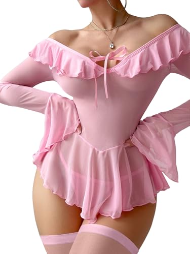 Image of Foxiny Sheer Ruffle Long Sleeve Babydoll Lingerie Dress | Off-shoulder neckline, flared cuffs and a flounce hem add movement; thong and thigh-high stockings complete the 3-piece set