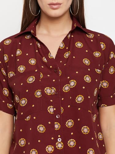 Image of Fashfun Women's Shirt (Floral Pink Crepe Top with Mandarin Collar & Full Sleeve)