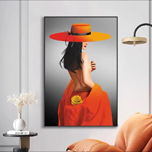 Peinture Abstraite Haute Définition Sexy Orange Hat Femme Toile Décoration Maison 50x70