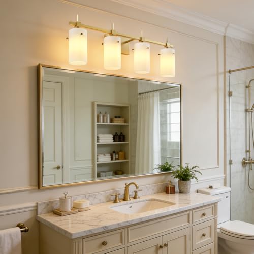 Image of SOLFART Bathroom Light Fixtures, 4 Light Vanity Lights for Bathroom, Gold Wall Light with Milky White Glass for Mirror, Living Room, Hallway, Cabinet, E26 Base (Bulbs Not Included)