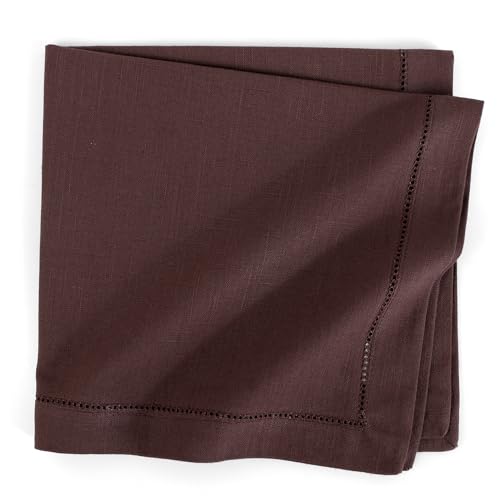 Image of FINGERCRAFT Hemstitched Cotton Table Napkins - Set of 12, 20x20 Inch, 100% Cotton Cloth Napkins with Faggoting Stitching - Durable & Elegant for Parties, Hotels, Everyday Use (Chocolate Slub)