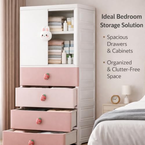 Image of AYSIS Kids Plastic Collapsible Wardrobe Organizer for Storage with Drawers | Cute Cartoon Design | Heavy Duty Cloth Organizer for Storage | Easy to Assemble | Perfect for Kids Room & Home | Pink