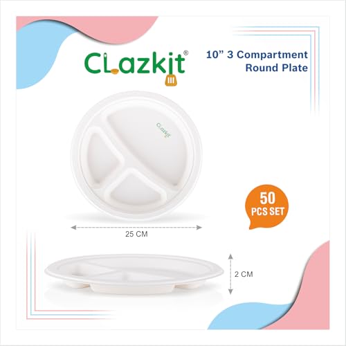 Image of Clazkit 10 Inch 50 Pack, 3-Compartment Disposable Bagasse Plates | Eco-Friendly, Biodegradable, Sugarcane Paper Plates | for Serving Dinner | Birthday, Wedding & Party | Round