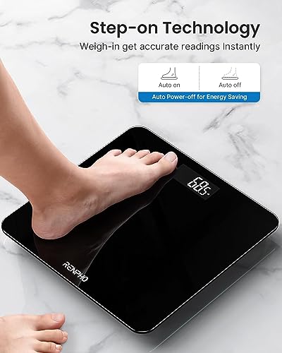 RENPHO Personenwaage, Körperwaage mit Hochpräzisions-Sensoren, Personen Digitalwaage mit Step-On-Technik, Gewichtswaage aus Sicherheitsglas, Schwarz