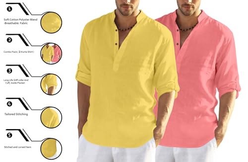 Image of Zombom Men's Combo Cotton Polyester Blend Solid Full Sleeve Straight Regular Fit Mandarin /Chinese Collor Kurta (Pack of 2)