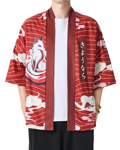 Image of PRIJOUHE Men's Lightweight Kimono Jacket Seven Sleeve Open Front Cardigan Coat Japanese Style Bathrobe