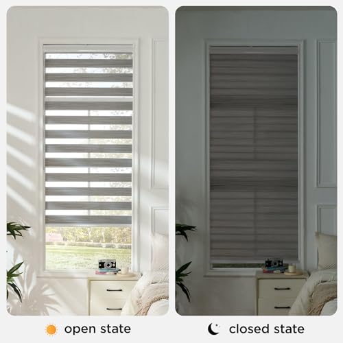 Joydeco Cordless Zebra Blinds for Windows, Dual Layer Free-Stop Zebra Shades Privacy Light Control for Day and Night, Light Filtering Sheer Blinds for Indoor Windows (Grey, 70" W x 75" H)