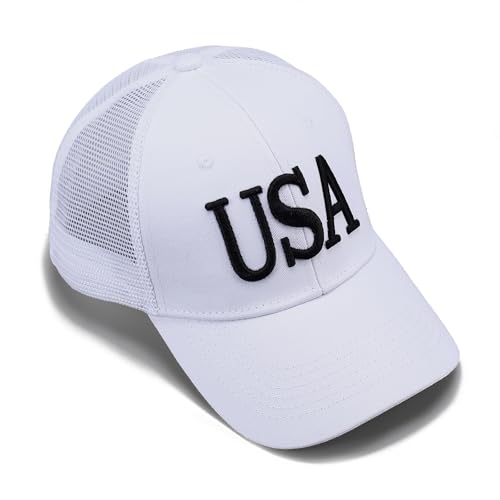 Image of USA Trucker Hat for Men & Women American Flag Cap Adjustable Baseball Cap Mesh Snap Patriotic 3D Embroidered Cap
