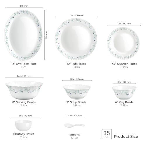 Image of Treo by Milton Opalware Aurelia Murel Dinner Set of 35 | Serving for 6 | Microwave & Dishwasher Safe | Bone-Ash Free | Tempered Toughness | Plates, Bowls, Spoons | Crockery Set for Dining & Gifting