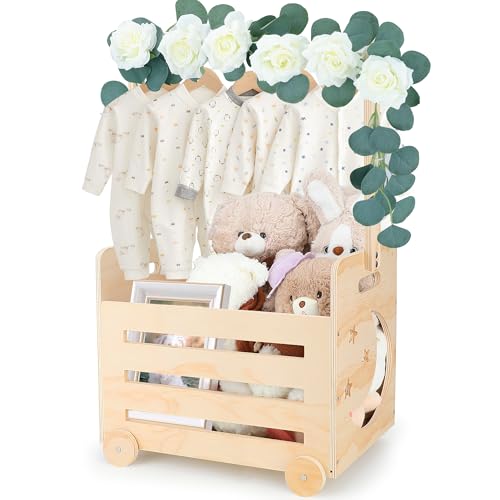 Image of Wooden Baby Shower Crate Closet With Cute Wheels, Movable Gift Basket With Raised Handle, Personalized Storage Hamper for Boys Girls New Born, Patent Pending